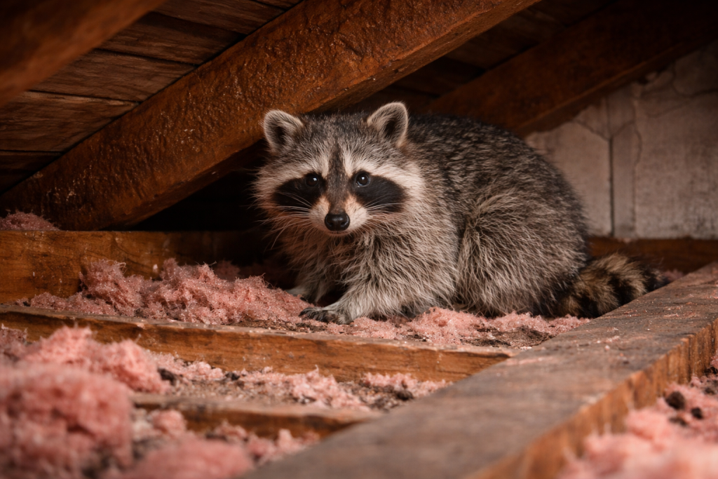 A raccoon in the attic of a house.