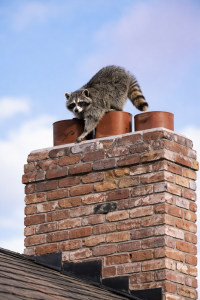 A raccoon stands on the chimney of a house.