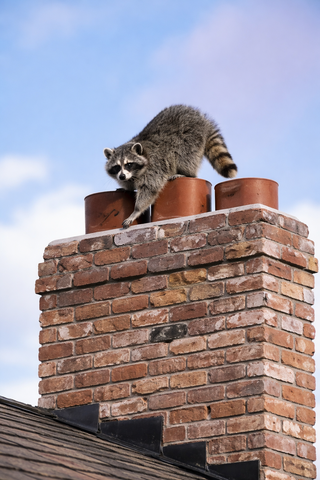 A raccoon stands on the chimney of a house.