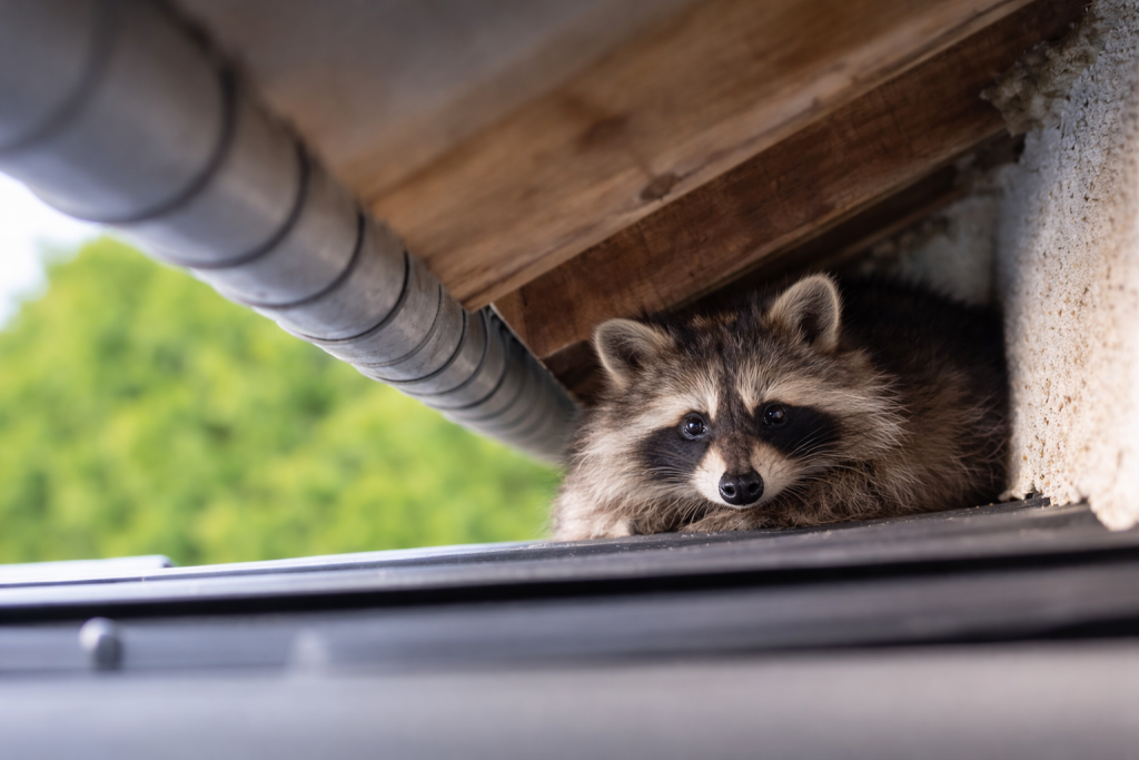A raccoon laying in a gap on a roof.
