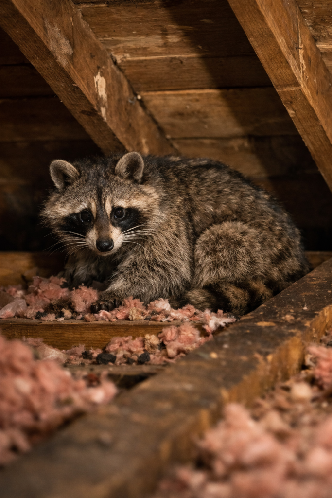 A raccoon in the attic of a house.