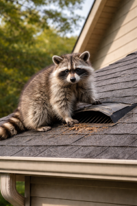 A raccoon on the roof of a house.