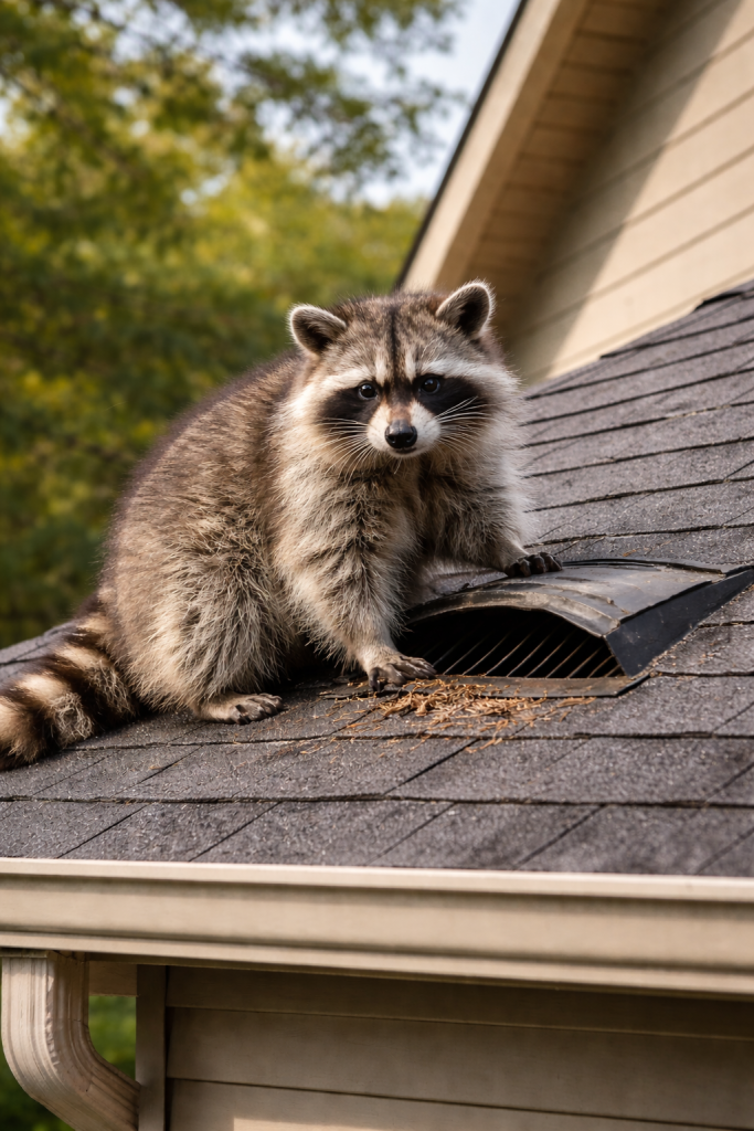 A raccoon on the roof of a house.