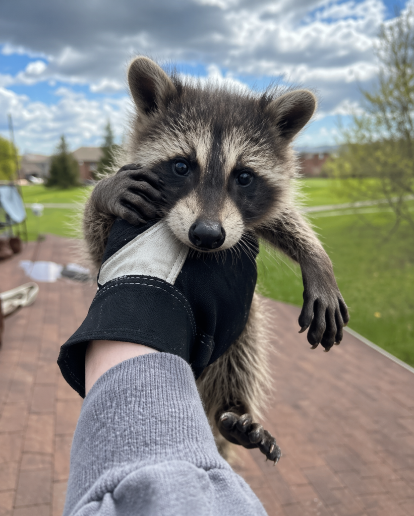 A baby raccoon held by a wildlife technician after being removed from an attic.
