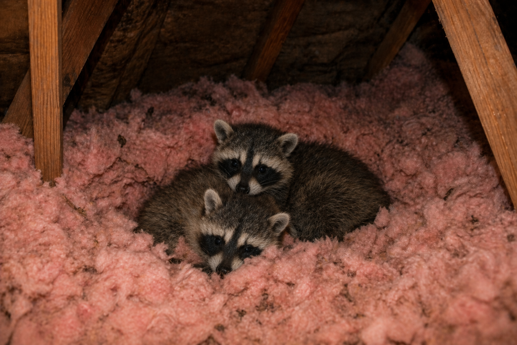 A couple of baby raccoons cuddling in a nest of attic insulation.