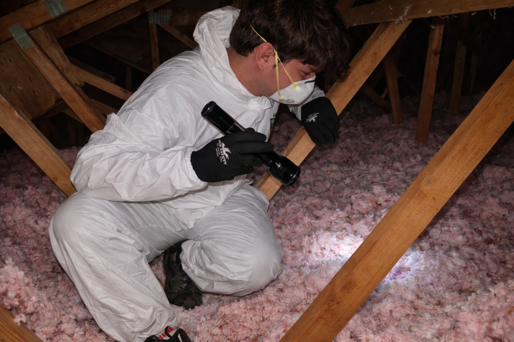 A wildlife technician inspects an attic.