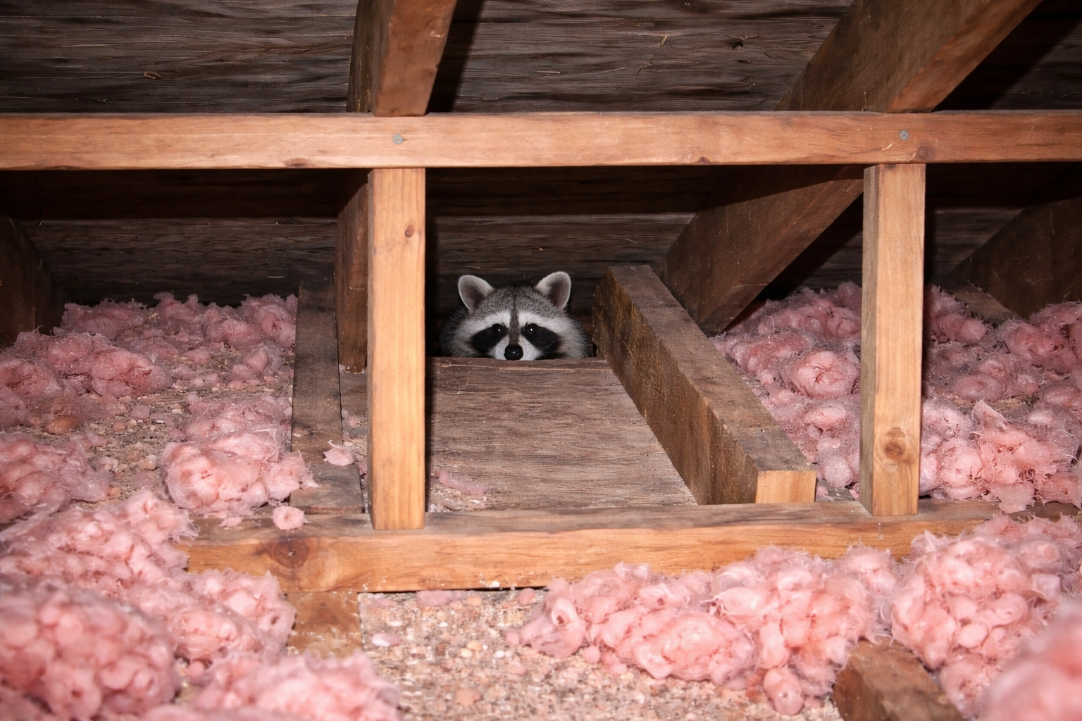 A raccoon in an attic.