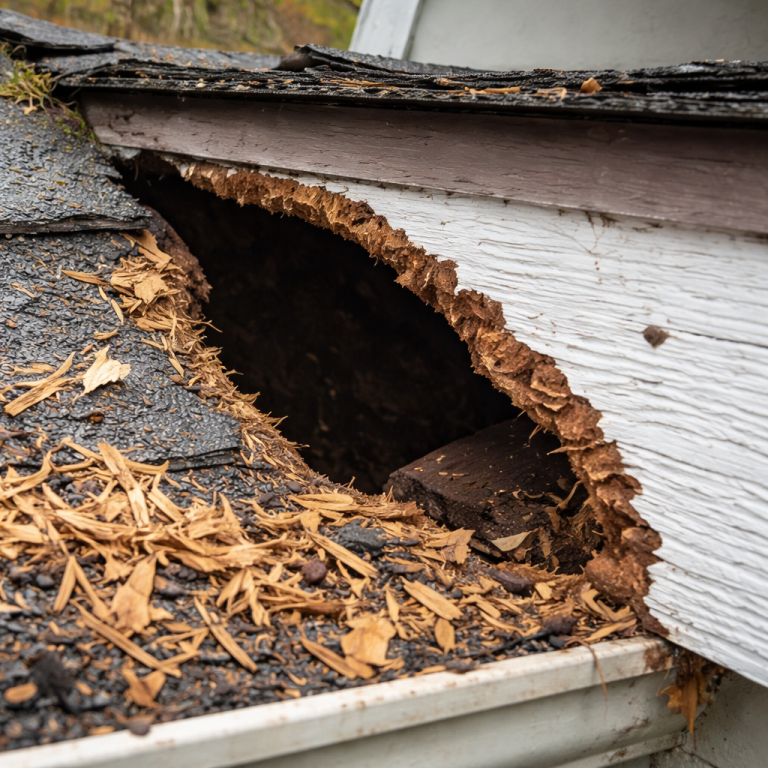Debris surrounds a hole in the side of the roof caused by a raccoon.