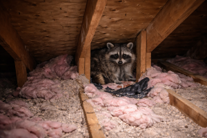 A raccoon in the attic of a house.