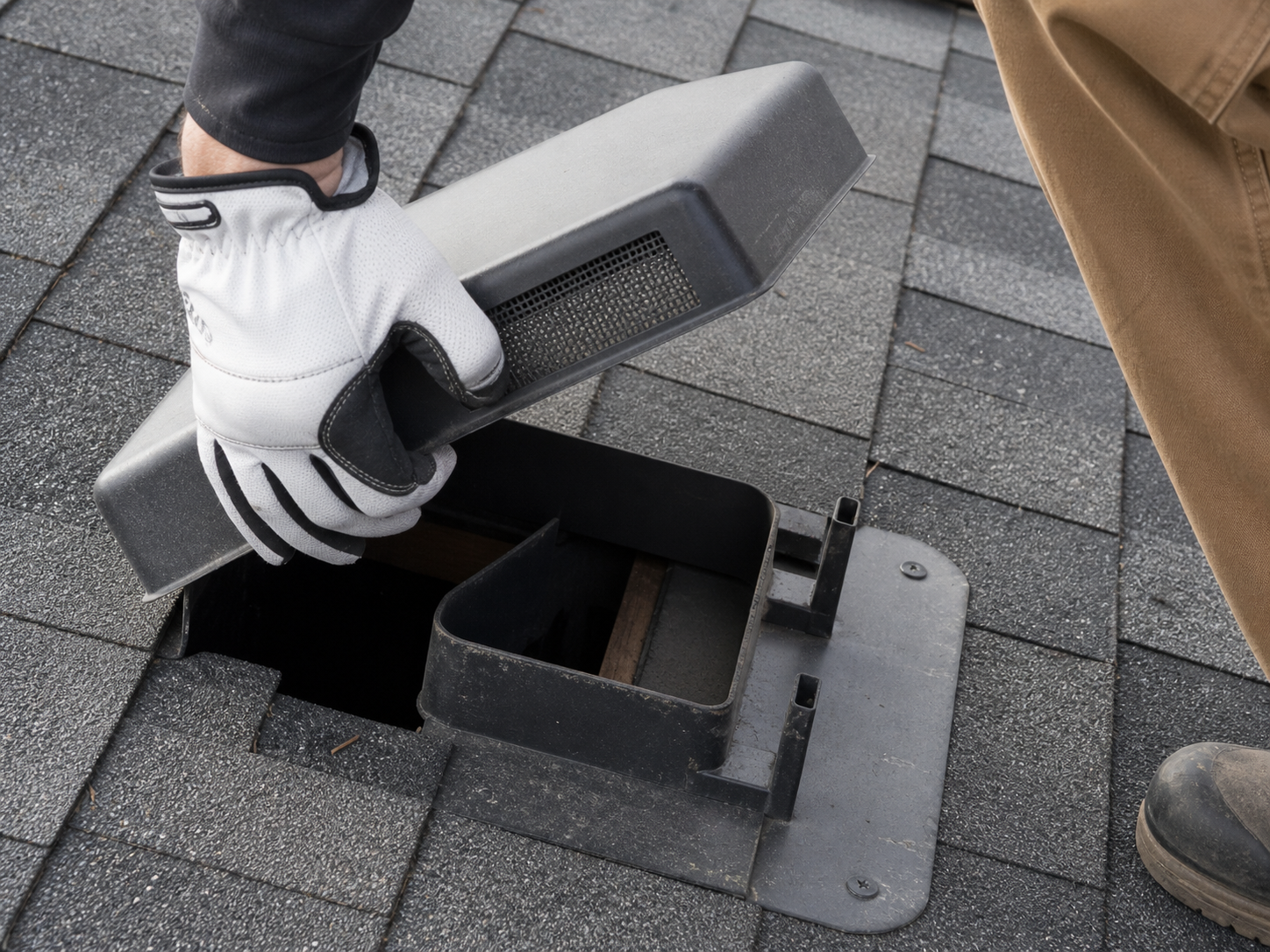 A technician inspects a broken roof vent on a house.