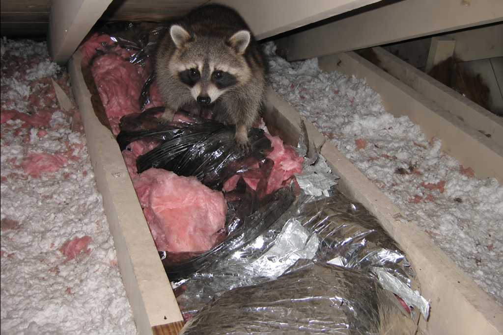 A raccoon in an attic surrounded by damaged insulation.