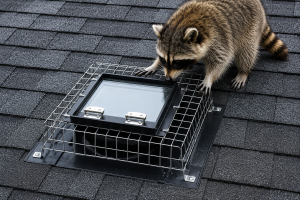 A raccoon standing beside a one-way door installed on the roof of a house.