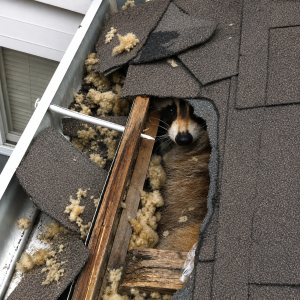 A raccoon pokes its face out from a hole in the roof of a house.