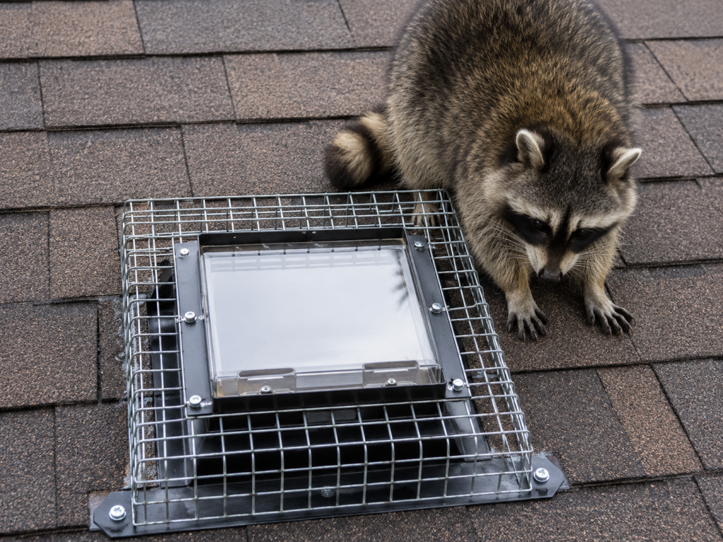 A one-way door secured over a roof vent to prevent raccoons from entering.