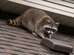 A raccoon on the roof of a house.
