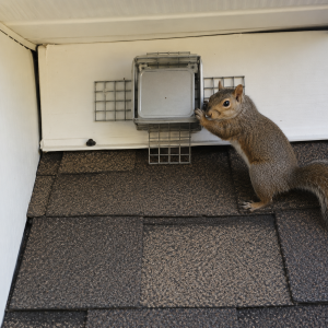 A squirrel investigates a one-way door installed on the side of a house.