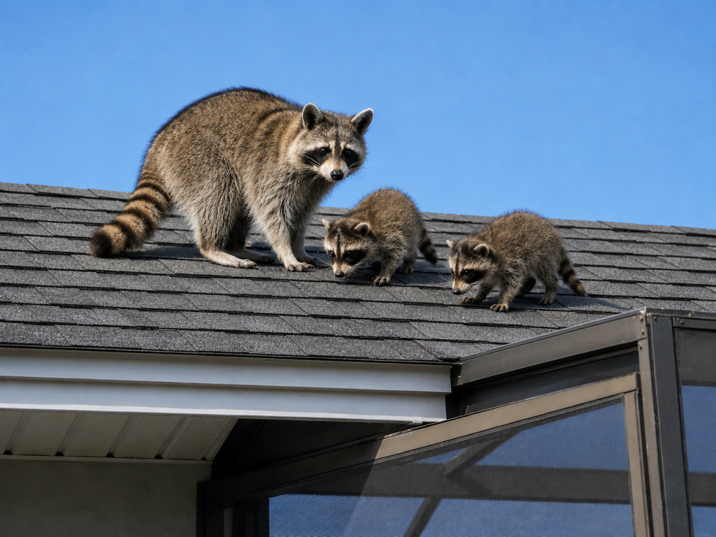 A mom and her baby raccoons on the roof of a house.