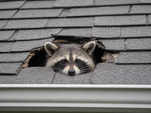 A raccoon pokes its head out of a hole in the roof of a house.