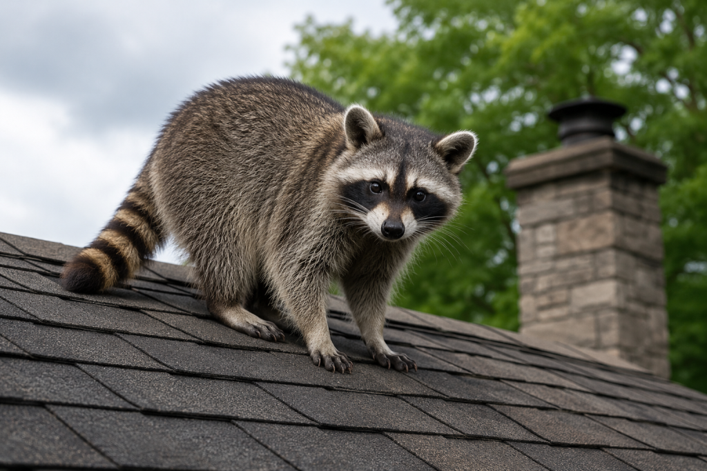 A raccoon on the roof of a house.