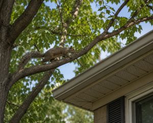 A squirrel walking along a tree branch beside a house.