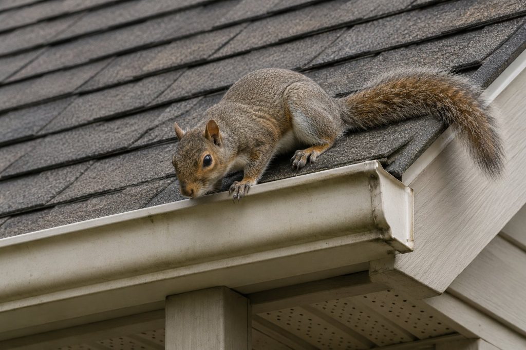 A squirrel inspecting the roofline of a house.