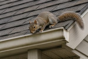 A squirrel inspecting the roofline of a house.