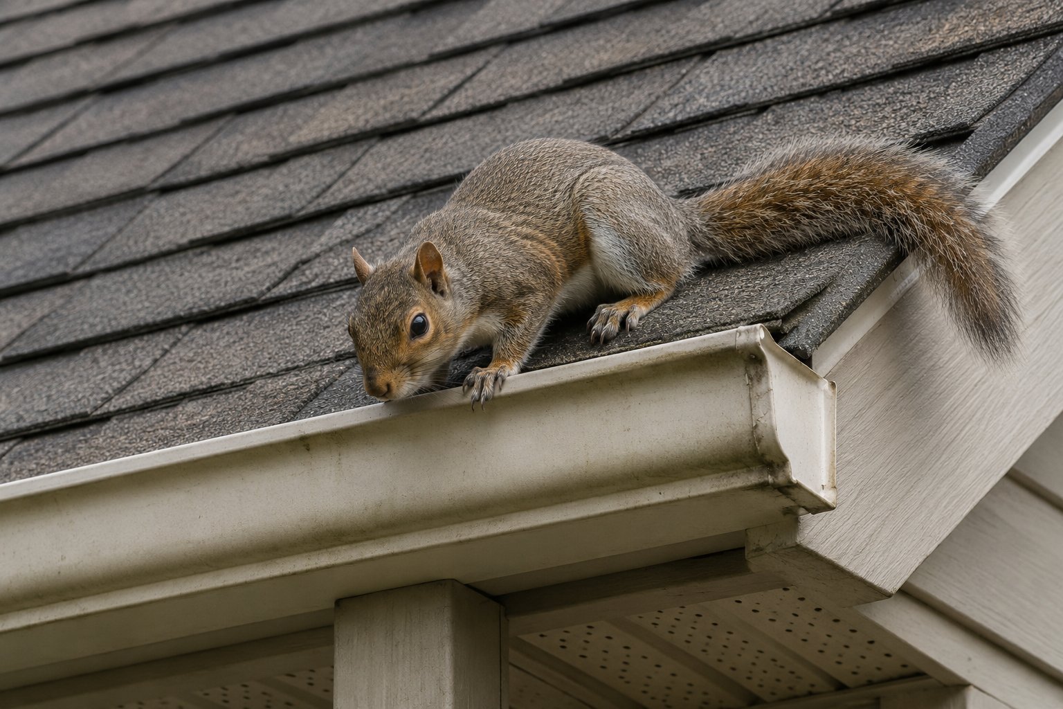 A squirrel inspecting the roofline of a house.