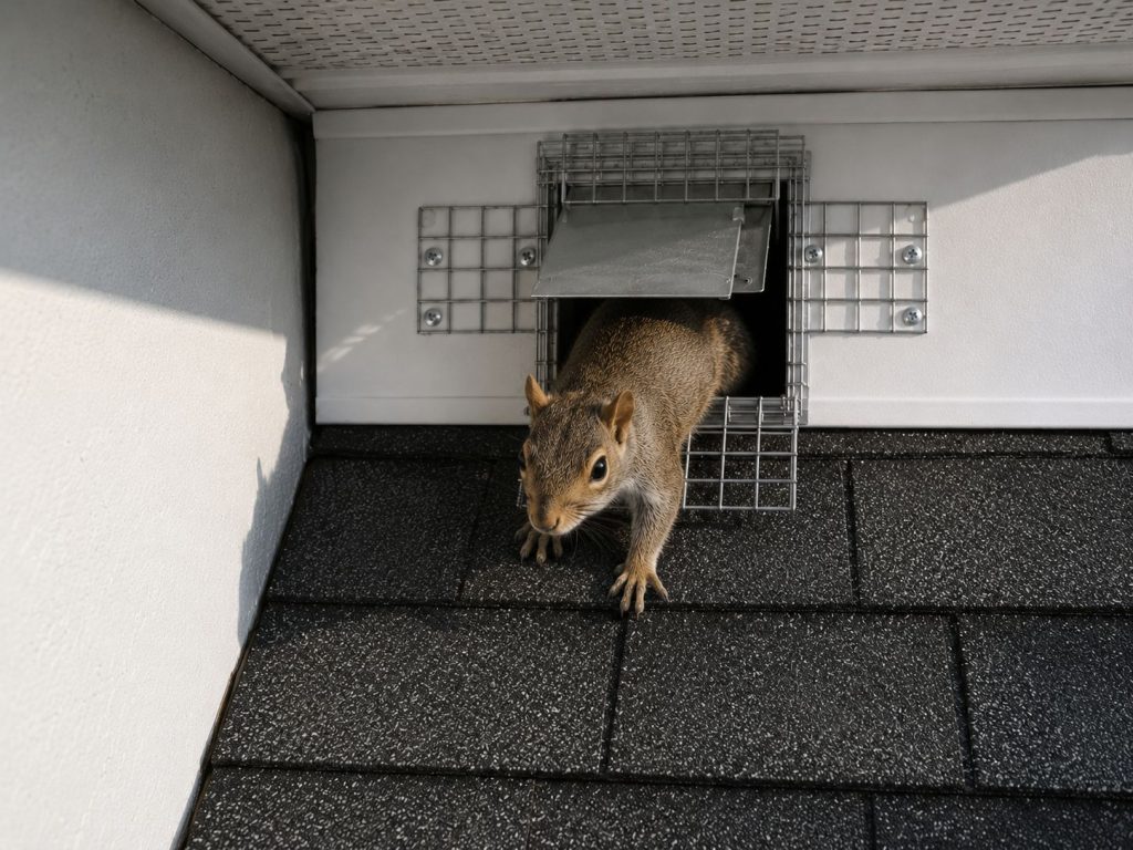 A squirrel exiting a one-way door.