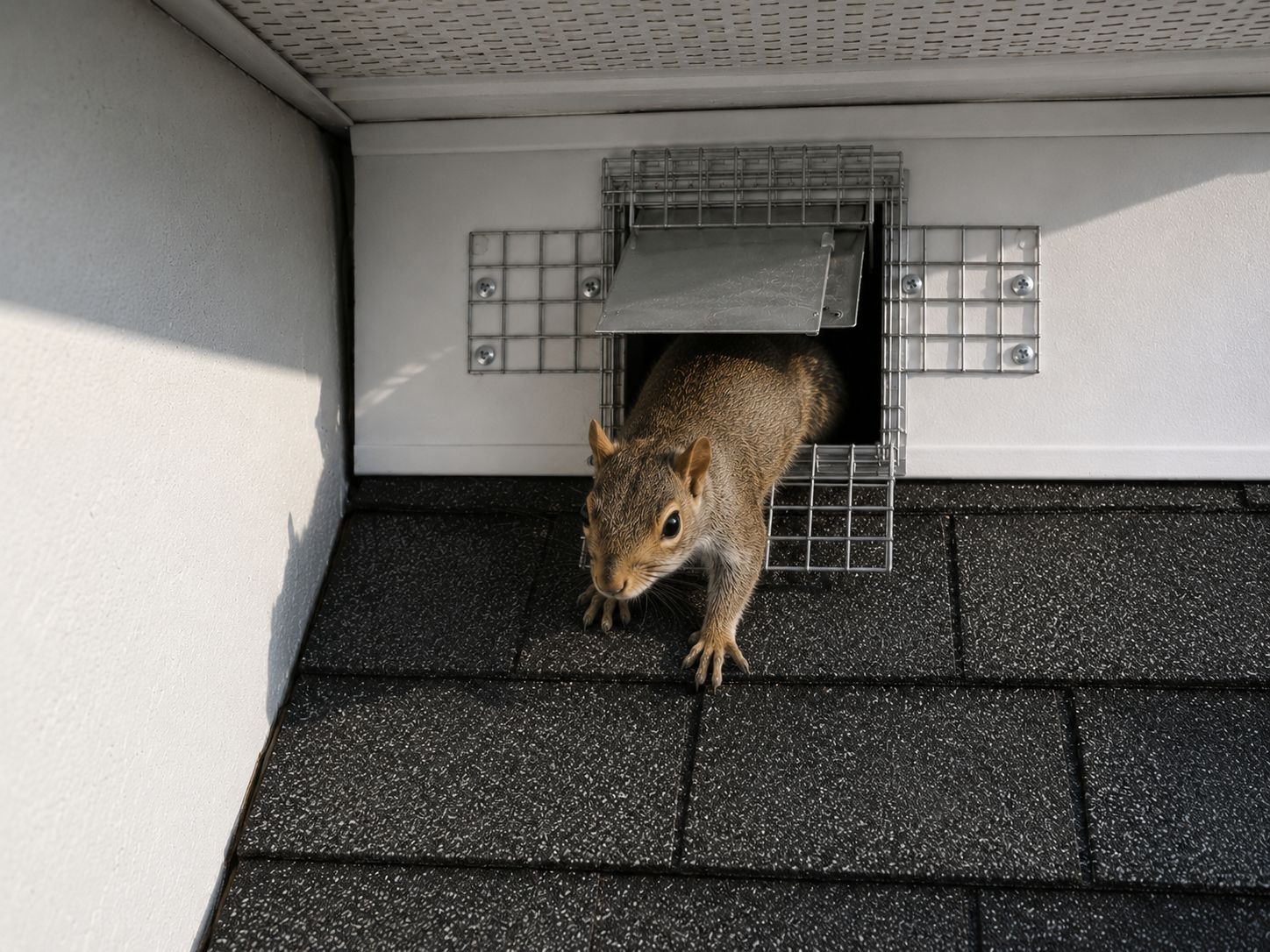 A squirrel exiting a one-way door.