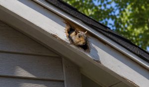 A grey squirrel pokes its head out of a damaged fascia.