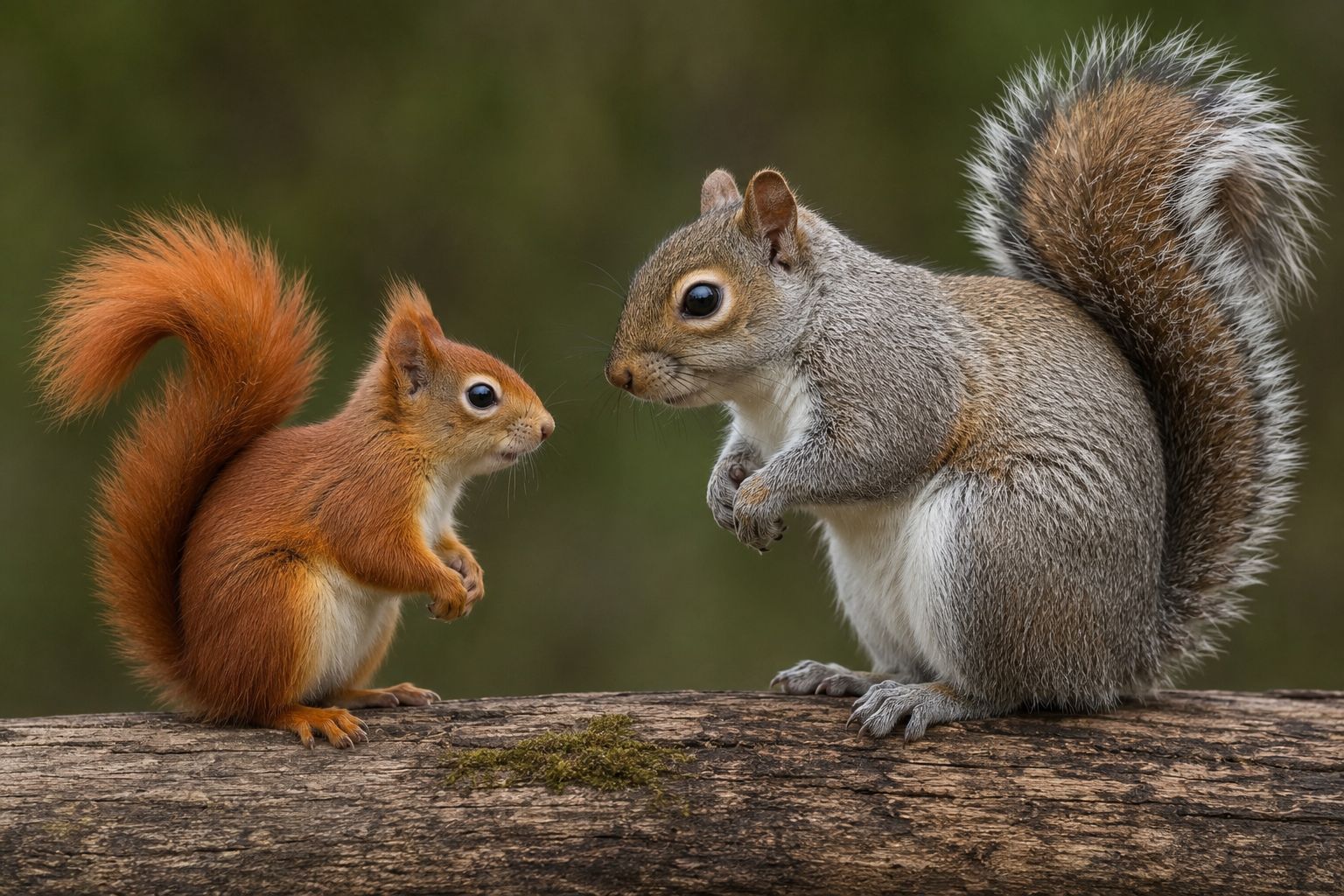 A side-by-side of a red squirrel and a grey squirrel.