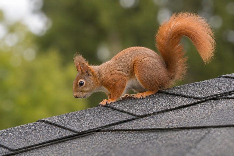 A red squirrel on the roof of a house.