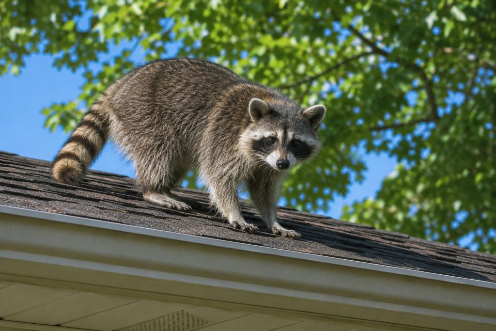 A raccoon on the roof of a house.