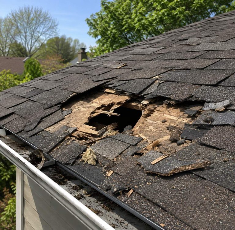 A roof with damaged tiles and debris.