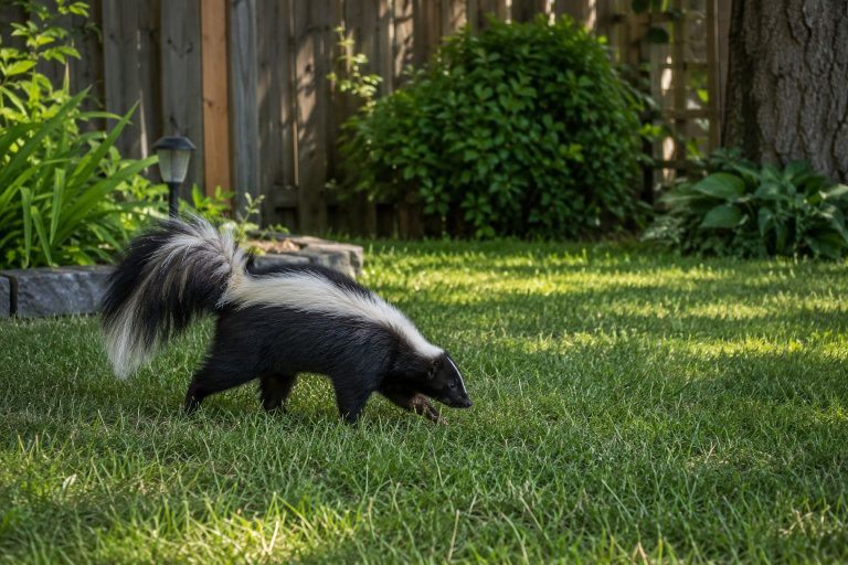 A skunk walking across a yard.
